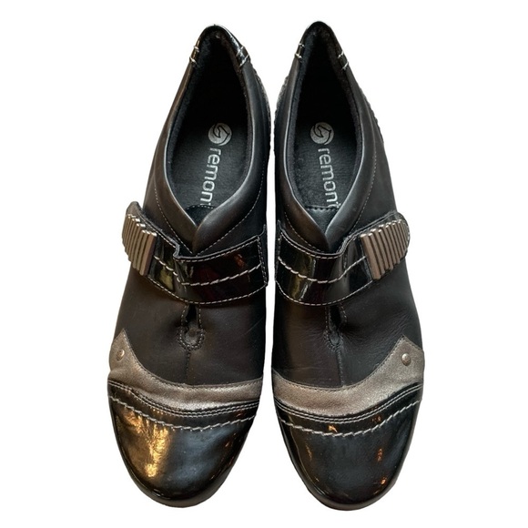 Remonte Black Leather Patent Silver Velcro Strap Metallic Shoes EU 39 / US 8-8.5 - Picture 2 of 10